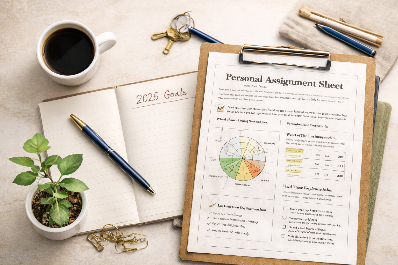 Notebook, coffee, and personal assignment sheet on a clipboard